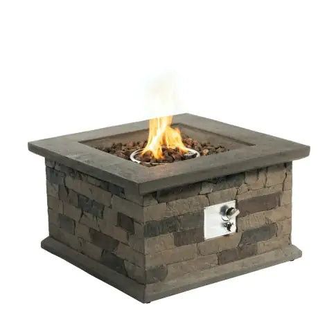 Outdoor Propane Fire Pit Table 28-inch Imitation Stone Square Concrete Propane Fire Pit With Lava Rocks And Rain Cover 40,000 BTU Gas Smokeless Fire Pit For Outside Patio,Garden,Deck,Backyard